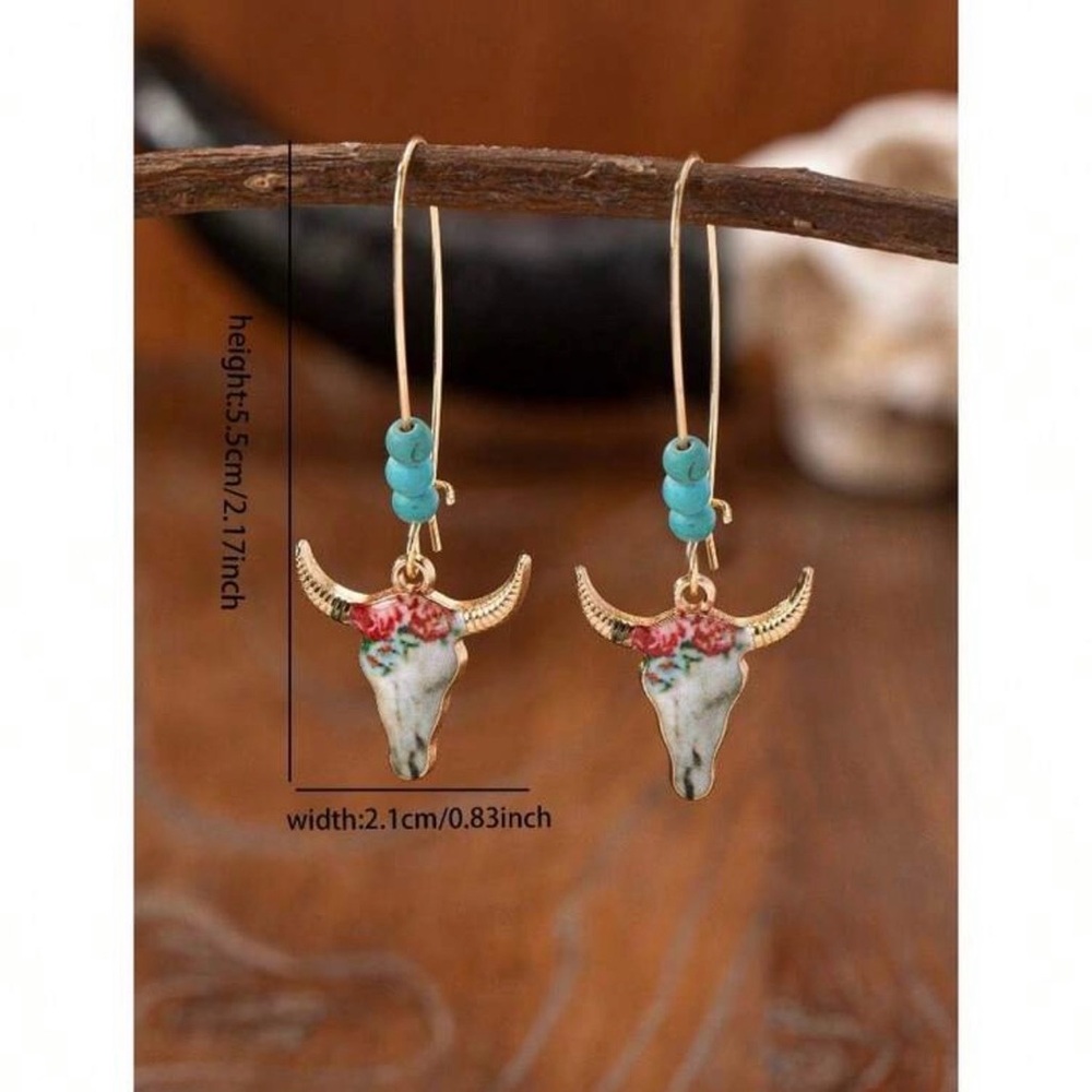 Western Cowgirl Style Blue Turquoise Beads and Floral Cow Head Dangle Earrings - Picture 2 of 3